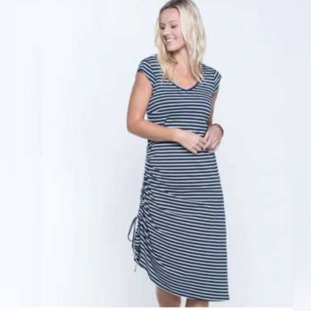 Toad&Co Organic Cotton Samba Muse Navy/White Striped Dress w Side Cinch, Pocket - Picture 10 of 13